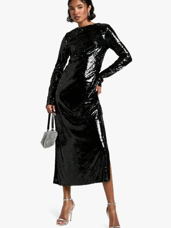 Outlet -BamBam Fashion Shop female black tall crew neck sequin maxi dress