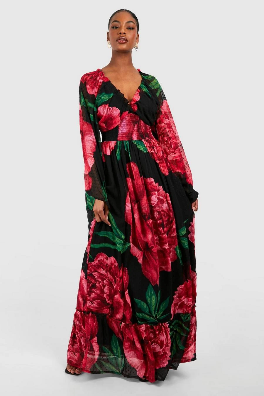 BOOHOO Tall Floral Print Dobby Shirred Maxi Dress 3 BOOHOO Tall Floral Print Dobby Shirred Maxi Dress - Image 3