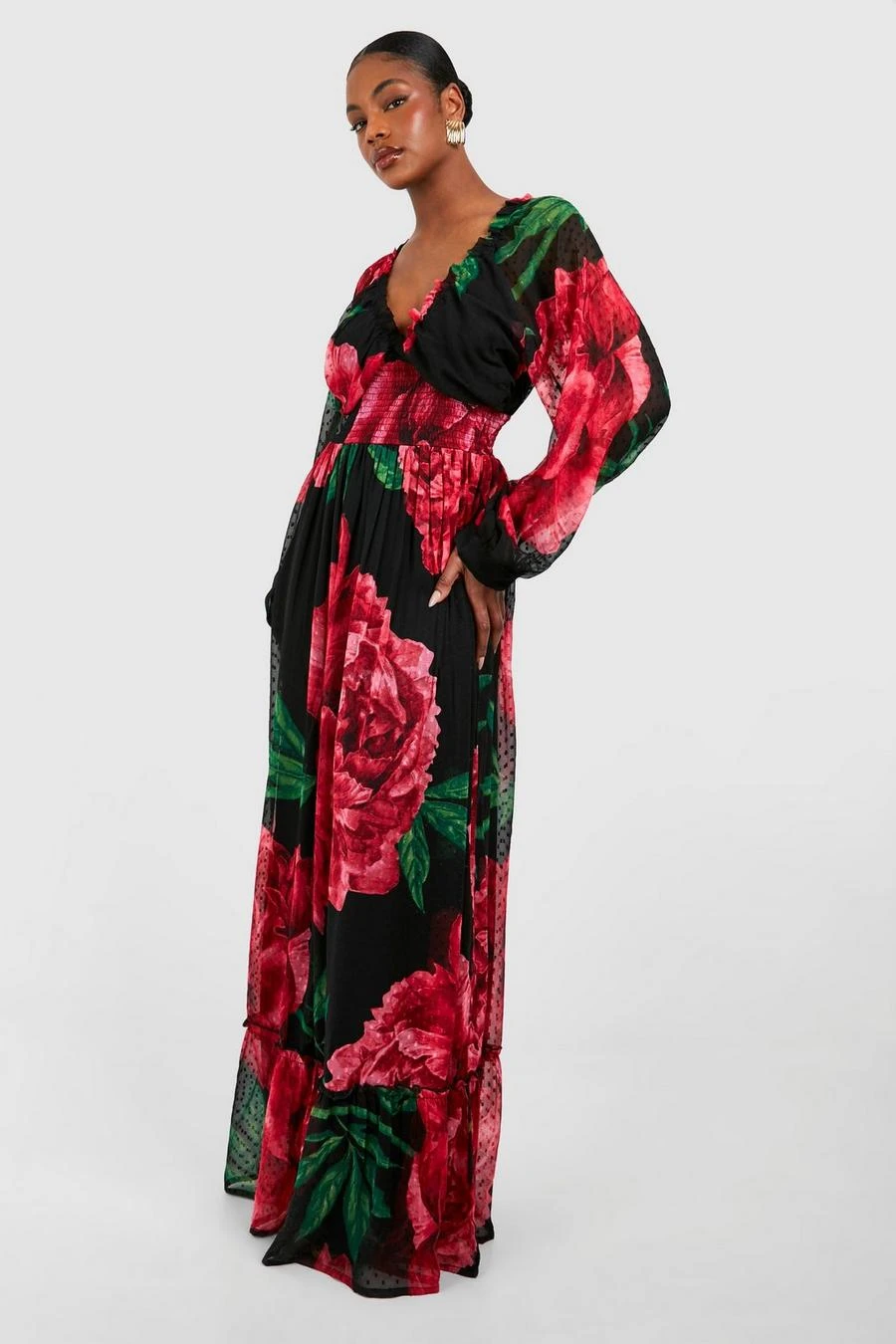 BOOHOO Tall Floral Print Dobby Shirred Maxi Dress 1 BOOHOO Tall Floral Print Dobby Shirred Maxi Dress