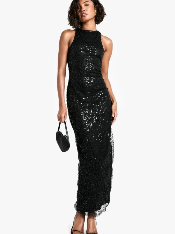 Outlet -BamBam Fashion Shop female black tall racer neck beaded sequin maxi dress