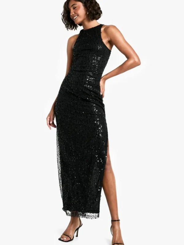 Outlet -BamBam Fashion Shop female black tall racer neck beaded sequin maxi dress 1 2