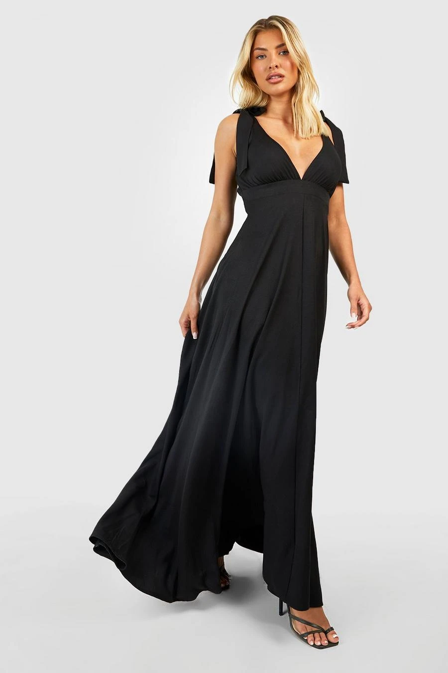 BOOHOO Tie Shoulder Plunge Maxi Dress 1 BOOHOO Tie Shoulder Plunge Maxi Dress