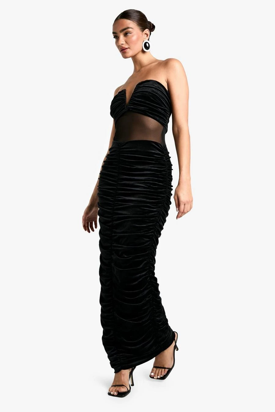 BOOHOO Velvet Mesh Plunge Ruched Maxi Dress 3 BOOHOO Velvet Mesh Plunge Ruched Maxi Dress - Image 3
