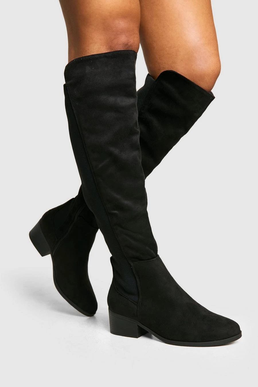 BOOHOO Wide Fit Elastic Panel Detail Knee High Boots 1 BOOHOO Wide Fit Elastic Panel Detail Knee High Boots