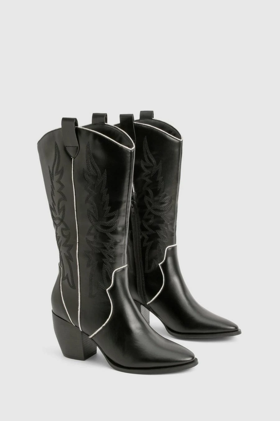 BOOHOO Wide Fit Embroidered Contrast Detail Western Boots 2 BOOHOO Wide Fit Embroidered Contrast Detail Western Boots - Image 2