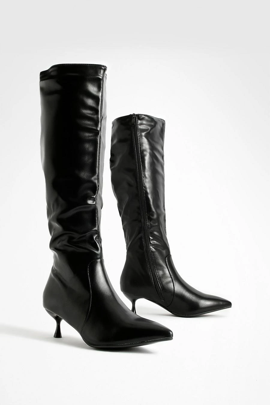 BOOHOO Wide Fit Low Heel Pointed Toe Knee High Boots 1 BOOHOO Wide Fit Low Heel Pointed Toe Knee High Boots
