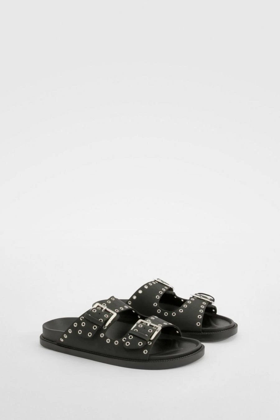 BOOHOO Wide Fit Stud Detail Double Strap Buckle Sliders 1 BOOHOO Wide Fit Stud Detail Double Strap Buckle Sliders