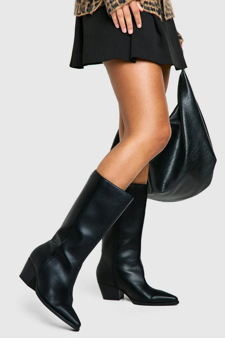BOOHOO Wide Fit Textured Low Block Calf High Western Boots 1 BOOHOO Wide Fit Textured Low Block Calf High Western Boots