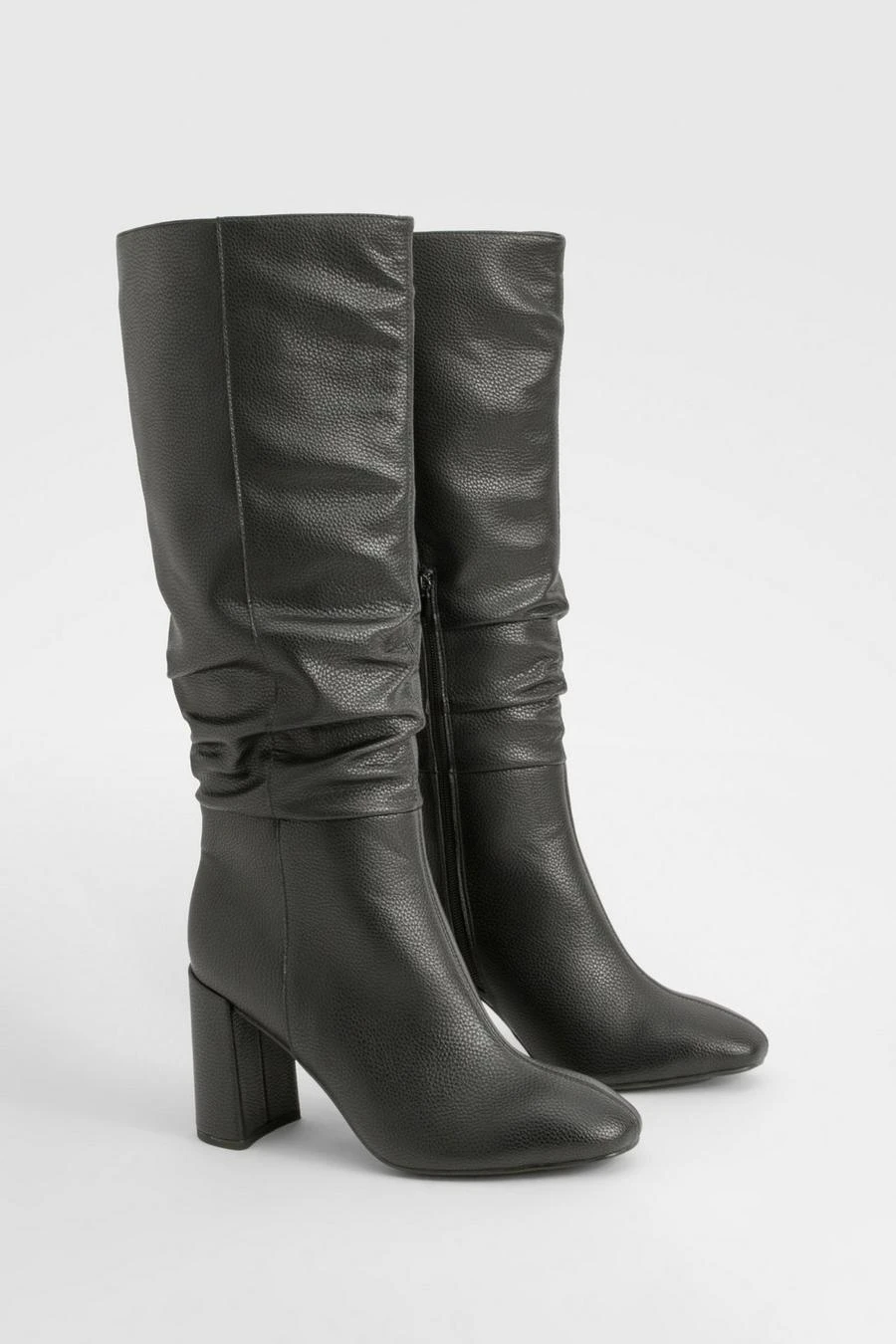 BOOHOO Wide Fit Textured Ruched Heeled Knee High Boots 1 BOOHOO Wide Fit Textured Ruched Heeled Knee High Boots