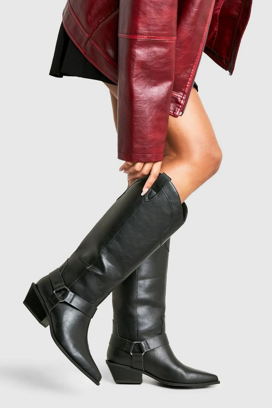 BOOHOO Wide Fit Western Style Harness Detail Knee High Boots 1 BOOHOO Wide Fit Western Style Harness Detail Knee High Boots