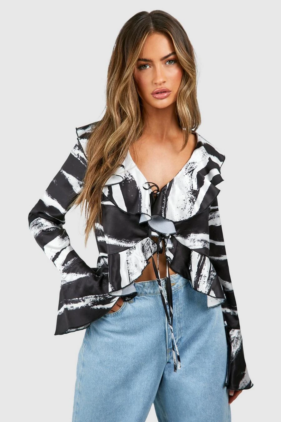 BOOHOO Zebra Ruffle Satin Printed Blouse 1 BOOHOO Zebra Ruffle Satin Printed Blouse