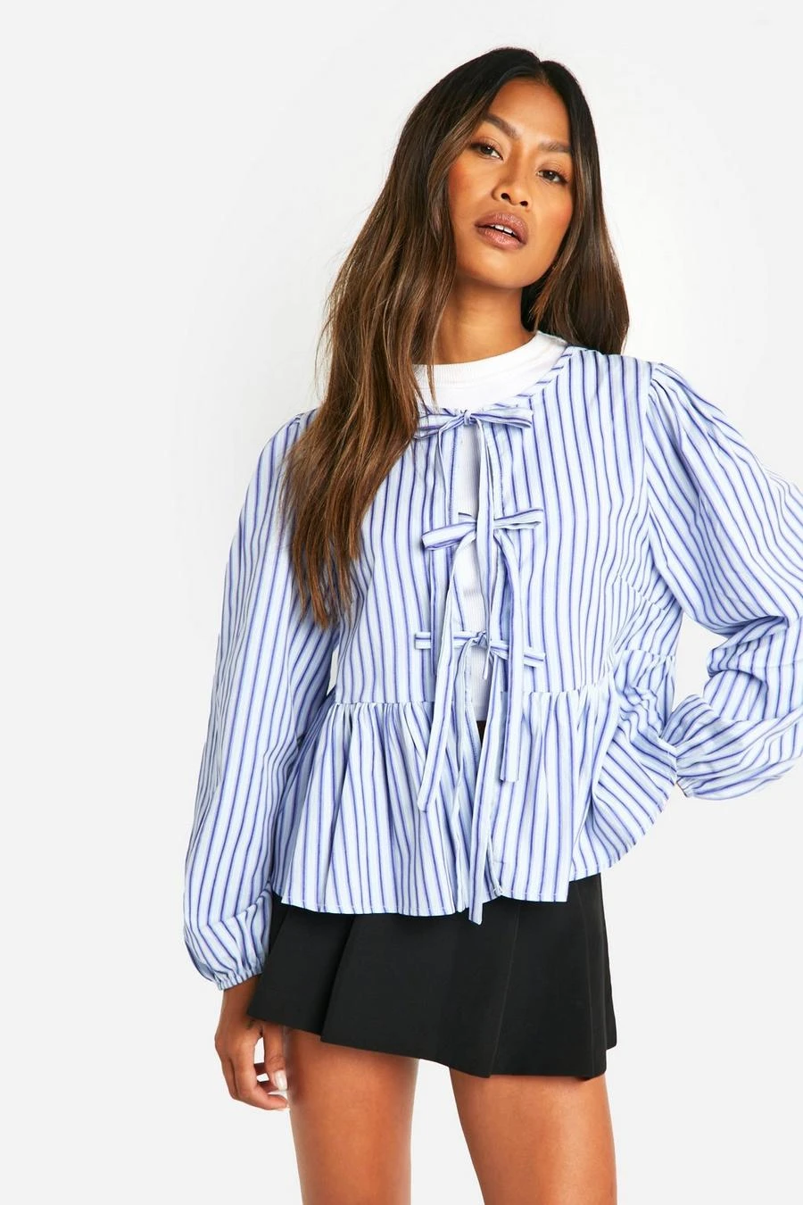 BOOHOO Blue Stripe Tie Front Puff Long Sleeve Smock Top 1 BOOHOO Blue Stripe Tie Front Puff Long Sleeve Smock Top