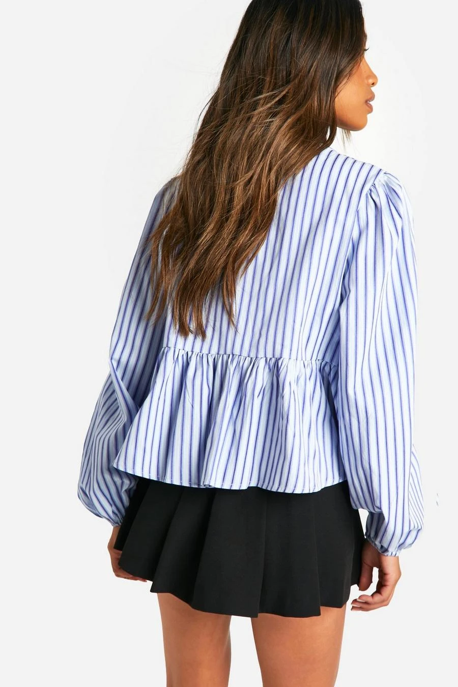 BOOHOO Blue Stripe Tie Front Puff Long Sleeve Smock Top 2 BOOHOO Blue Stripe Tie Front Puff Long Sleeve Smock Top - Image 2