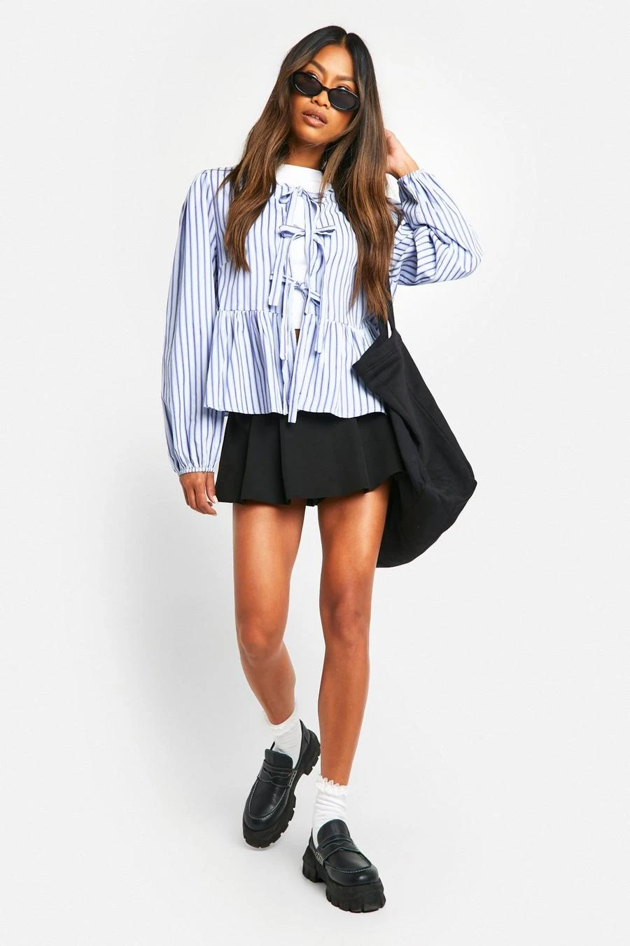BOOHOO Blue Stripe Tie Front Puff Long Sleeve Smock Top 3 BOOHOO Blue Stripe Tie Front Puff Long Sleeve Smock Top - Image 3
