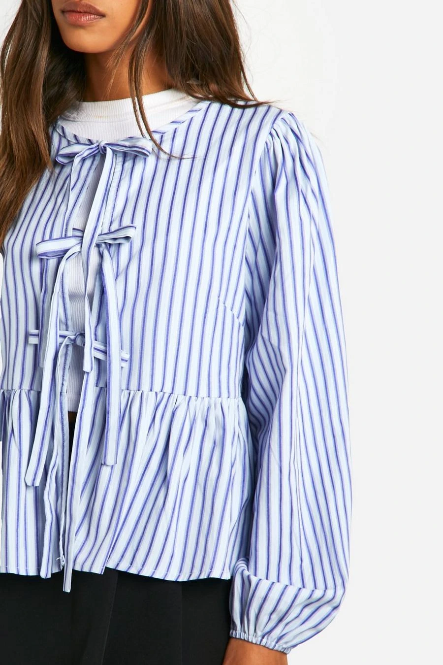 BOOHOO Blue Stripe Tie Front Puff Long Sleeve Smock Top 4 BOOHOO Blue Stripe Tie Front Puff Long Sleeve Smock Top - Image 4