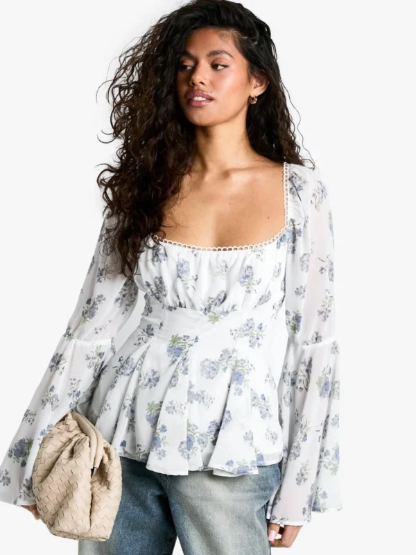 BamBam Fashion Shop -BamBam Fashion Shop female blue ditsy floral print corset bust flutter sleeve blouse 2