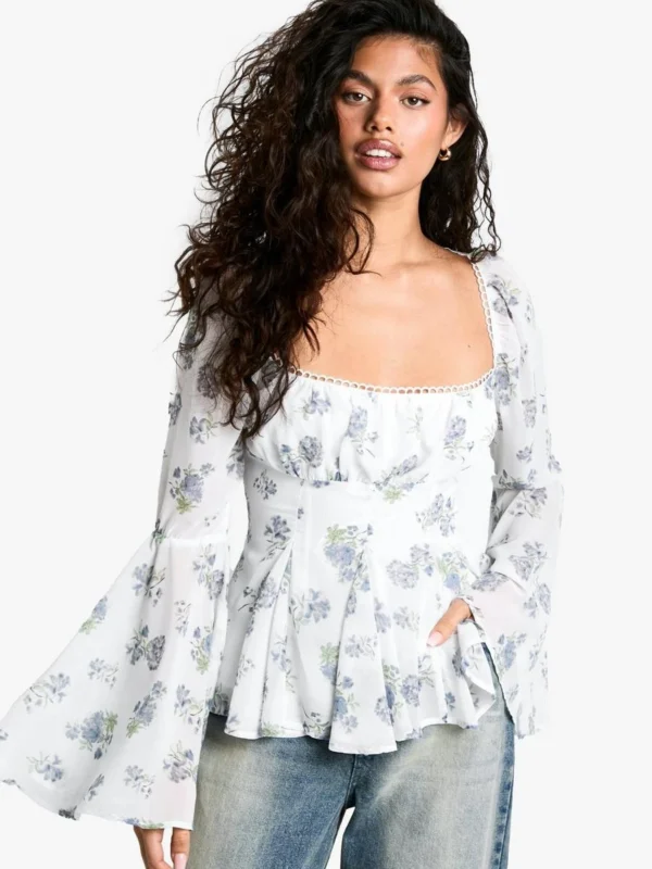 BamBam Fashion Shop -BamBam Fashion Shop female blue ditsy floral print corset bust flutter sleeve blouse