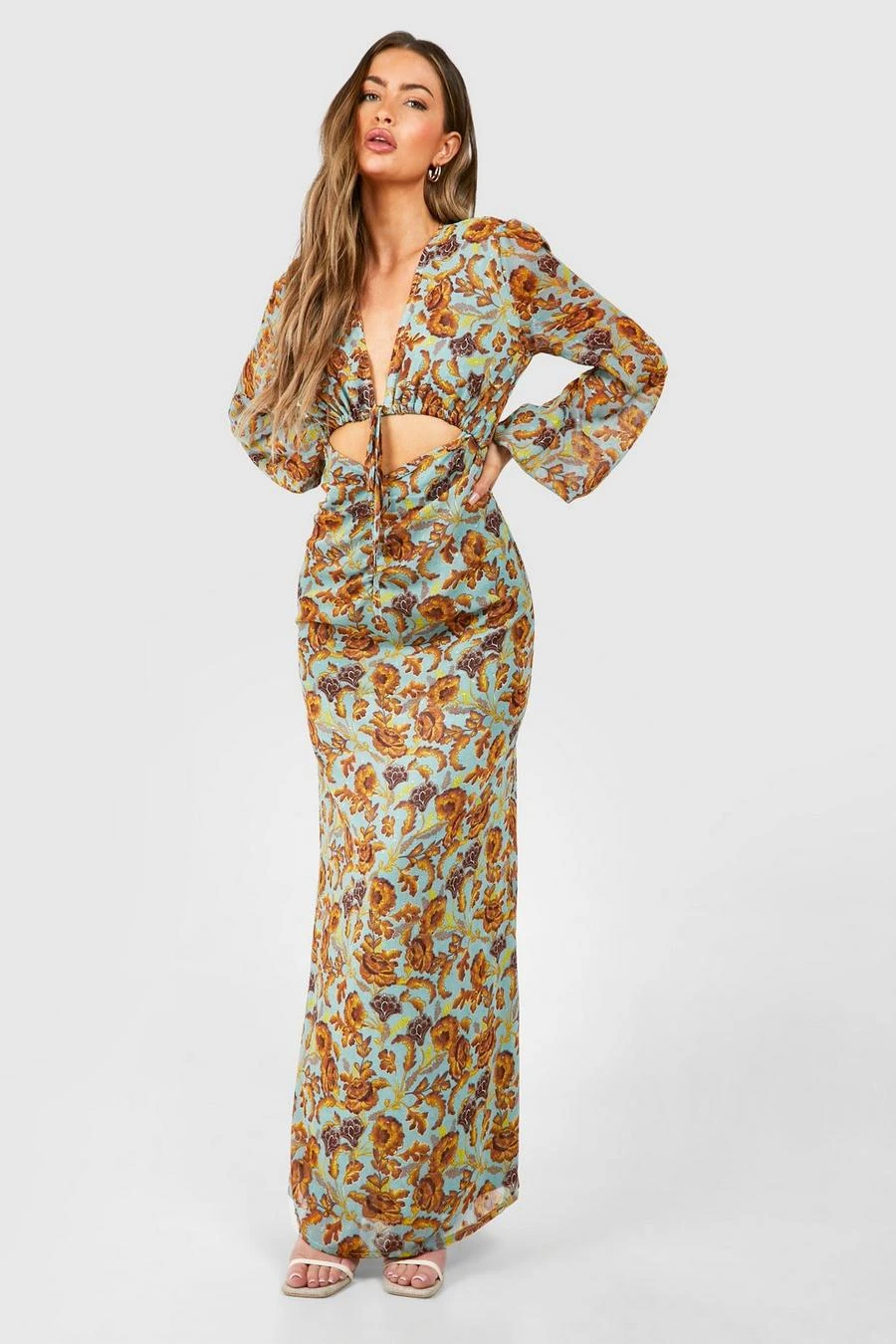 BOOHOO Floral Rouched Cut Out Maxi Dress 1 BOOHOO Floral Rouched Cut Out Maxi Dress