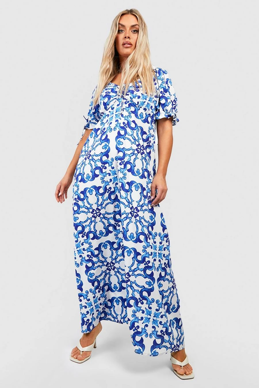 BOOHOO Plus Porcelain Print Puff Sleeve Maxi Dress 1 BOOHOO Plus Porcelain Print Puff Sleeve Maxi Dress