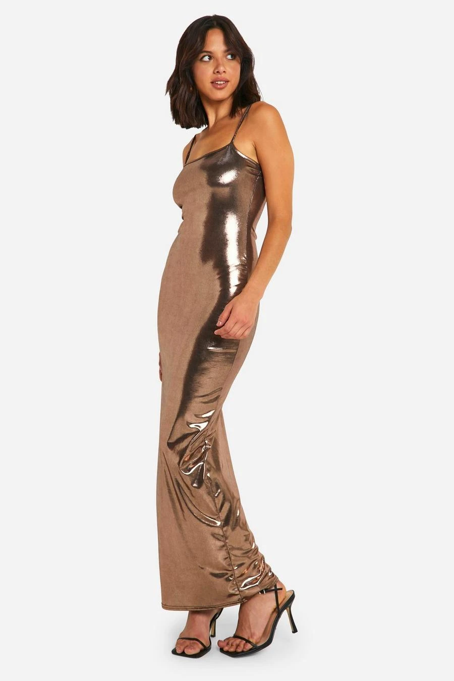BOOHOO Bronze Metallic Foil Strappy Maxi Dress 3 BOOHOO Bronze Metallic Foil Strappy Maxi Dress - Image 3