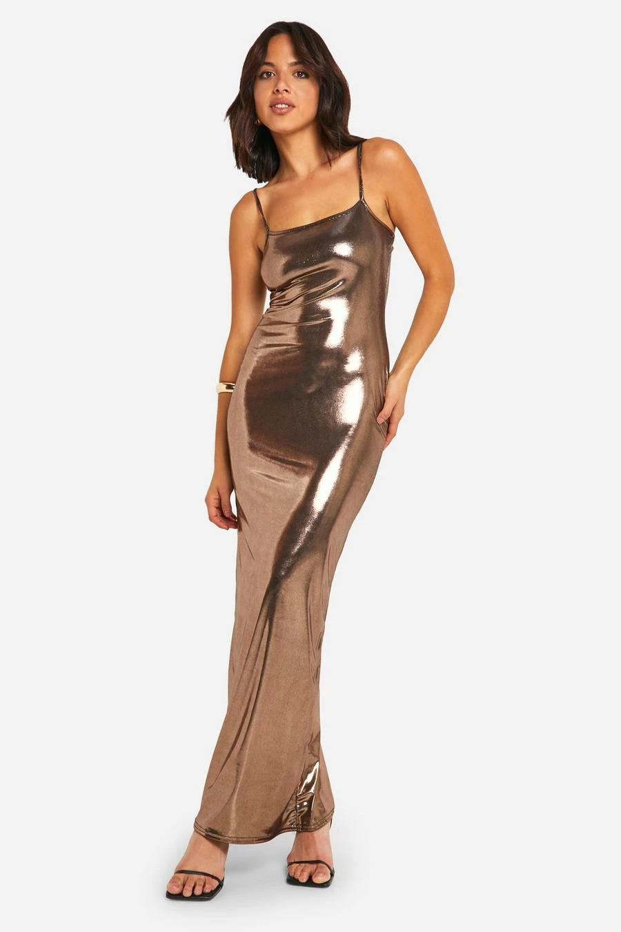 BOOHOO Bronze Metallic Foil Strappy Maxi Dress 1 BOOHOO Bronze Metallic Foil Strappy Maxi Dress