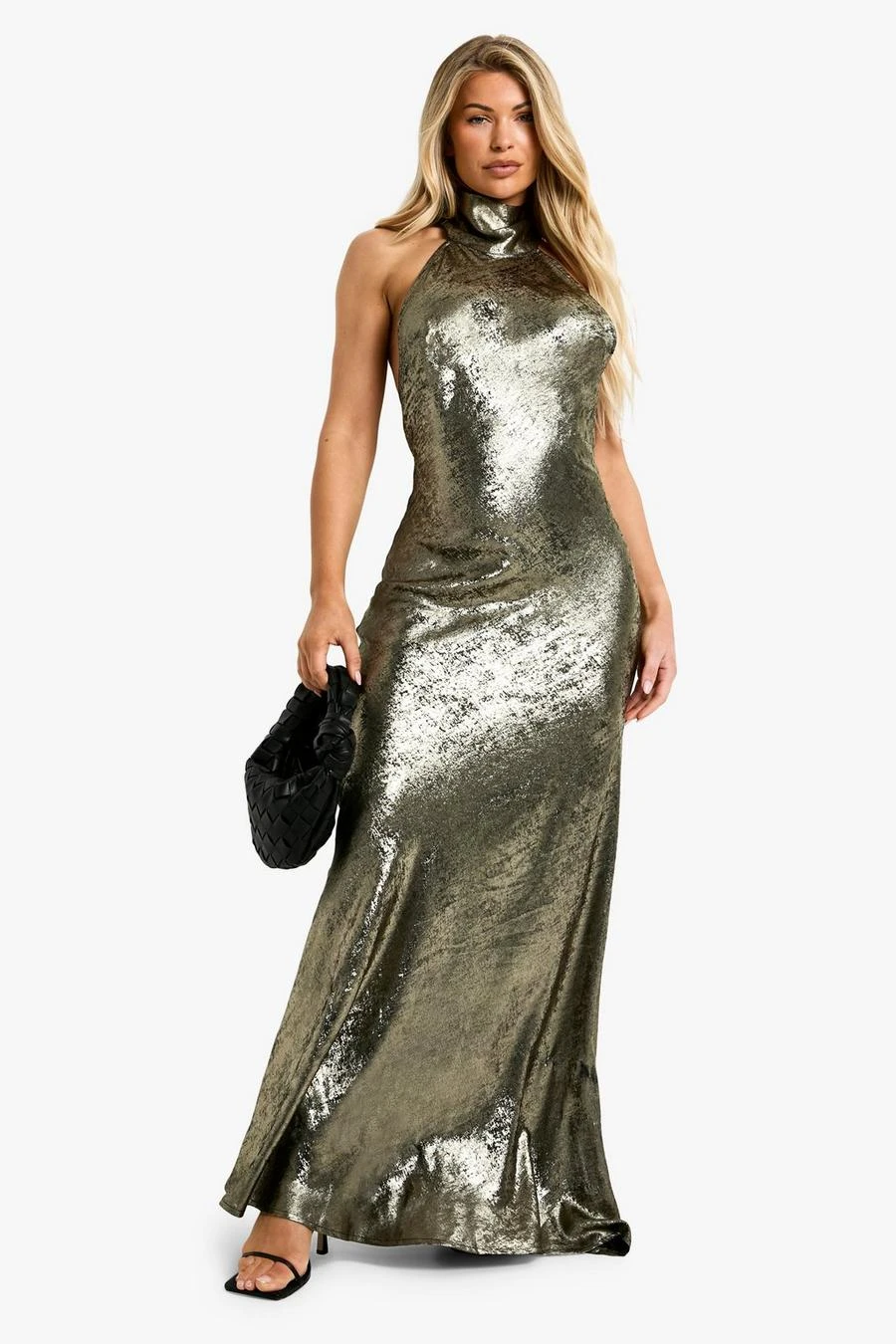 BOOHOO Metallic Satin Halterneck Maxi Dress 1 BOOHOO Metallic Satin Halterneck Maxi Dress