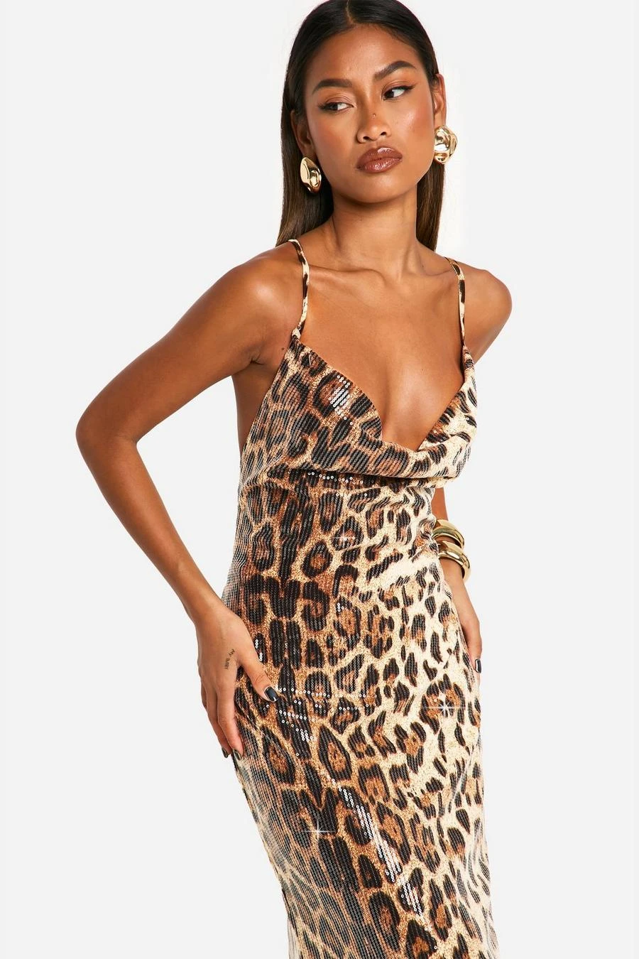 BOOHOO Cowl Neck Leopard Sequin Maxi Dress 4 BOOHOO Cowl Neck Leopard Sequin Maxi Dress - Image 4