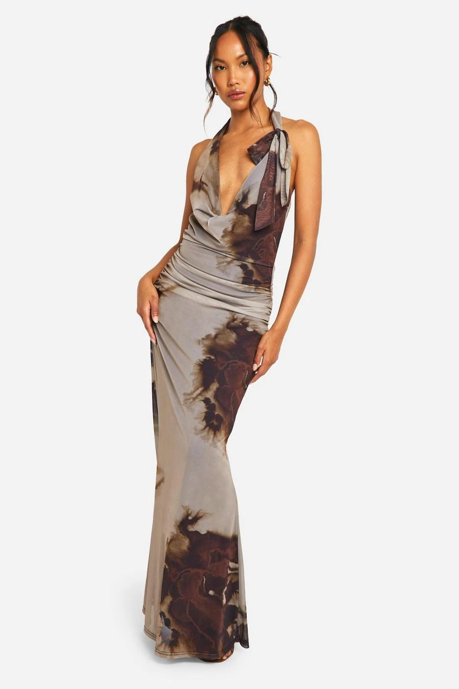 BOOHOO Cowl Neck Printed Mesh Tie Neck Maxi Dress 1 BOOHOO Cowl Neck Printed Mesh Tie Neck Maxi Dress