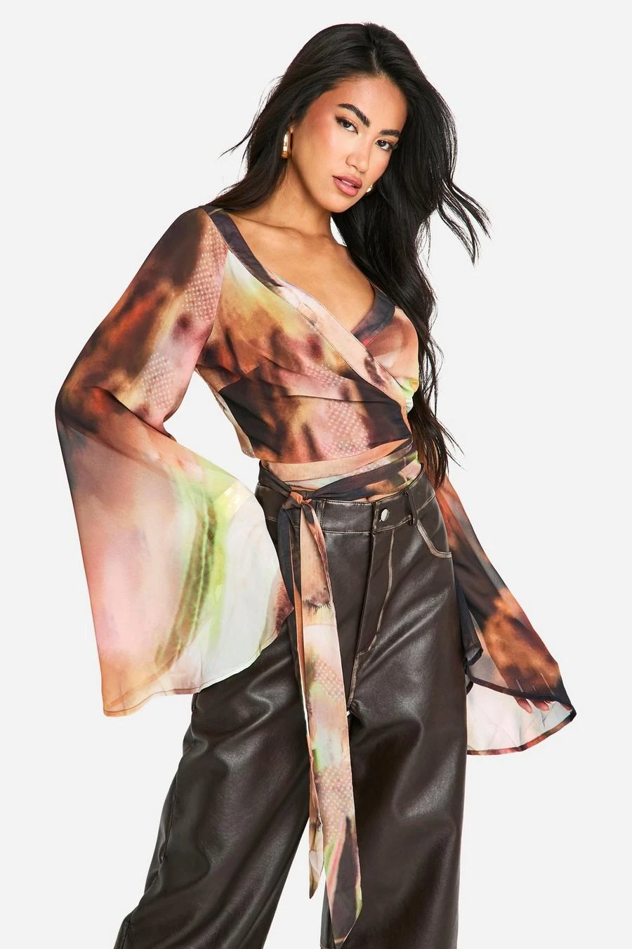 BOOHOO Floral Chiffon Flare Sleeve Wrap Blouse 1 BOOHOO Floral Chiffon Flare Sleeve Wrap Blouse