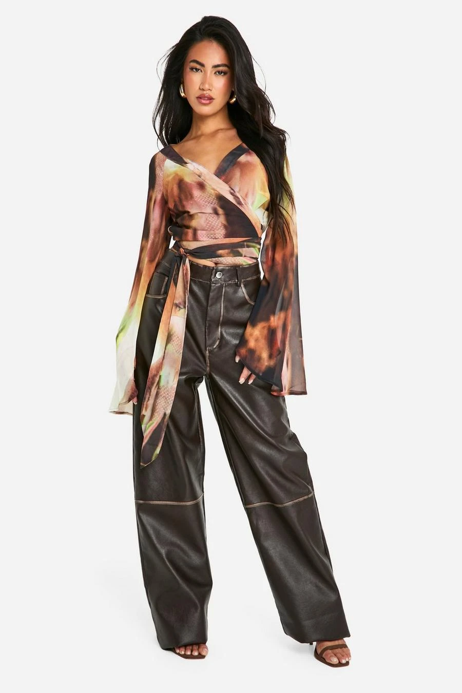 BOOHOO Floral Chiffon Flare Sleeve Wrap Blouse 3 BOOHOO Floral Chiffon Flare Sleeve Wrap Blouse - Image 3