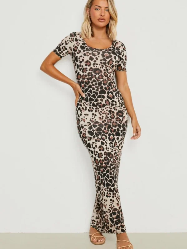 Outlet 1 Outlet -BamBam Fashion Shop female brown leopard scoop neck short sleeve maxi dress