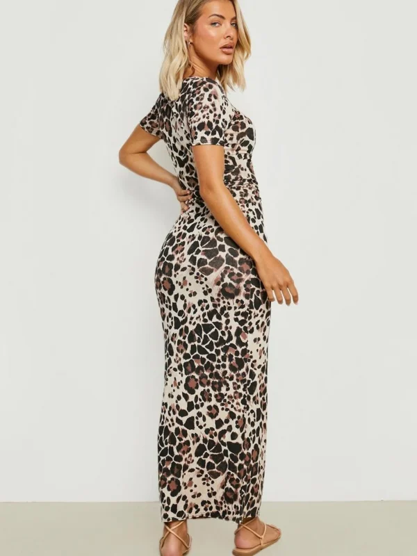 Outlet 2 Outlet -BamBam Fashion Shop female brown leopard scoop neck short sleeve maxi dress 1 1