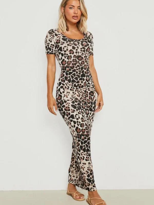 Outlet 3 Outlet -BamBam Fashion Shop female brown leopard scoop neck short sleeve maxi dress 1 2
