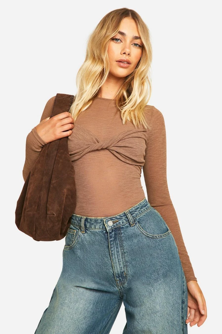 Lookbook -BamBam Fashion Shop female brown sheer rib twist front long sleeve top