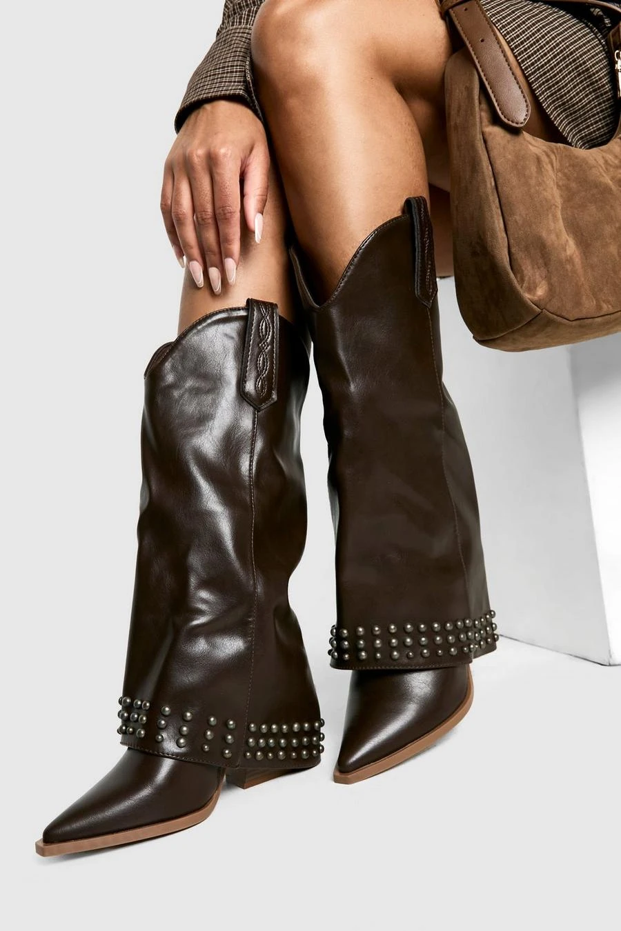 BOOHOO Studded Foldover Western Cowboy Boots 1 BOOHOO Studded Foldover Western Cowboy Boots