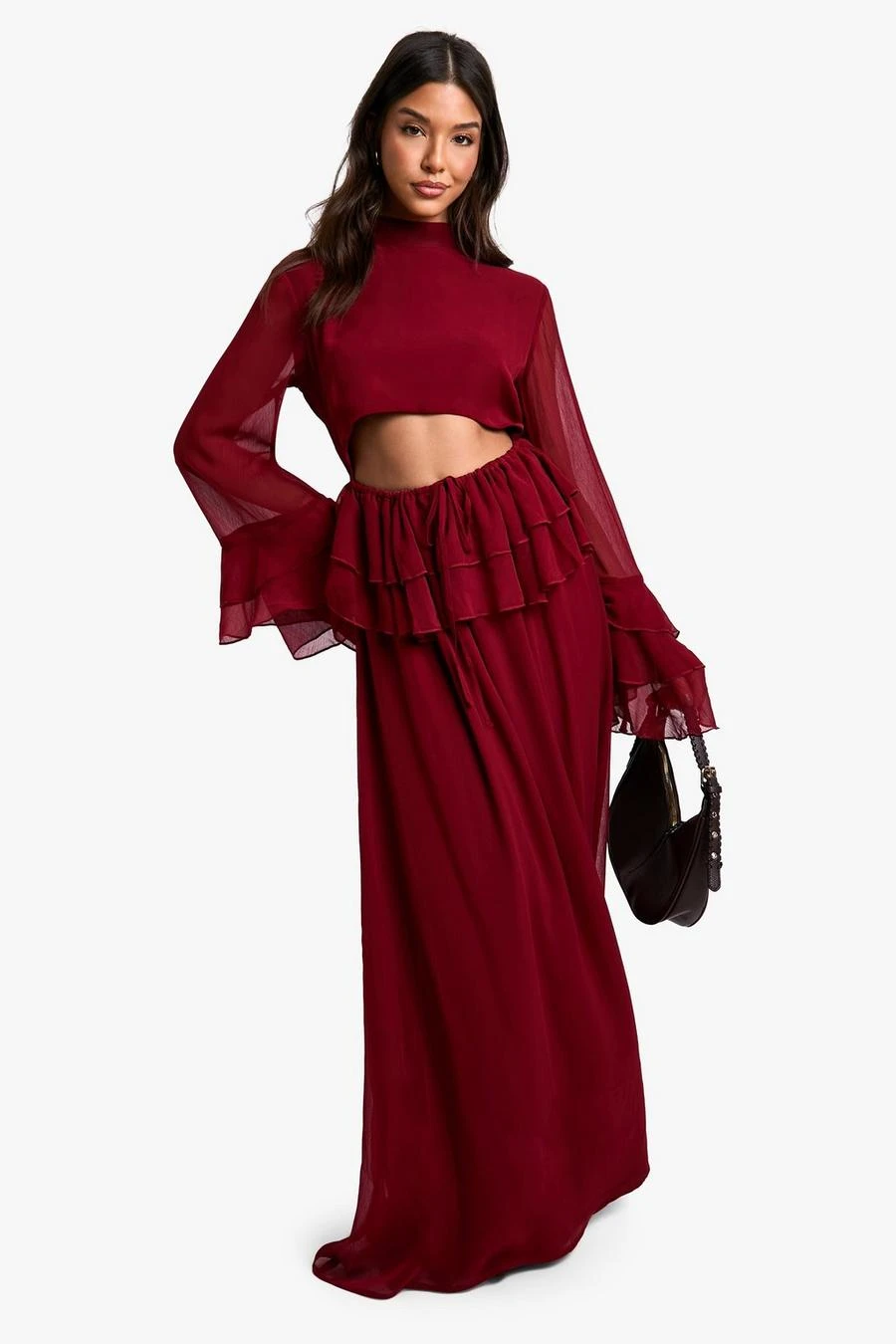 BOOHOO Crinkle Chiffon Ruffle Flare Sleeve Maxi Dress 1 BOOHOO Crinkle Chiffon Ruffle Flare Sleeve Maxi Dress