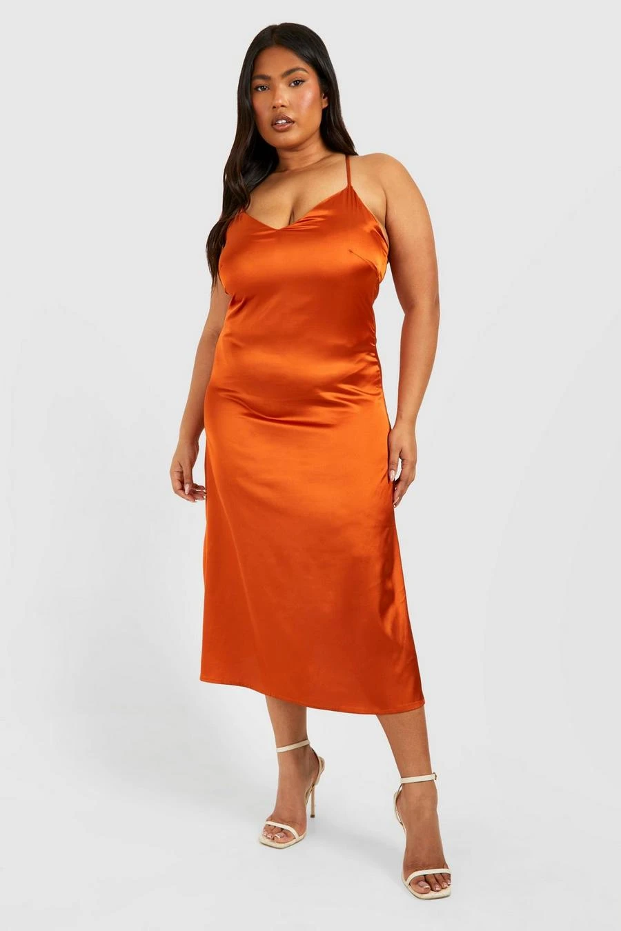 BOOHOO Plus Satin V Neck Split Midi Dress 1 BOOHOO Plus Satin V Neck Split Midi Dress