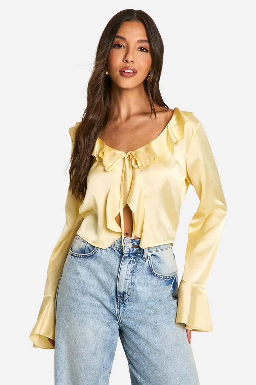 BOOHOO Satin Ruffle Tie Front Blouse 1 BOOHOO Satin Ruffle Tie Front Blouse