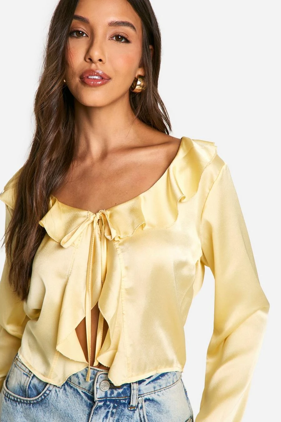 BOOHOO Satin Ruffle Tie Front Blouse 4 BOOHOO Satin Ruffle Tie Front Blouse - Image 4