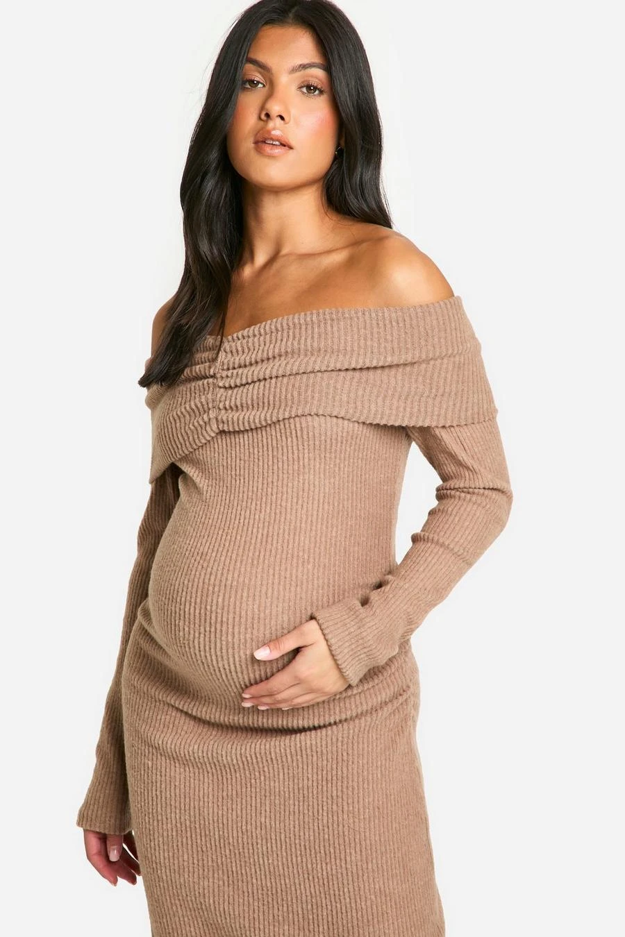 BOOHOO Maternity Soft Rib Off Shoulder Column Maxi Dress 4 BOOHOO Maternity Soft Rib Off Shoulder Column Maxi Dress - Image 4