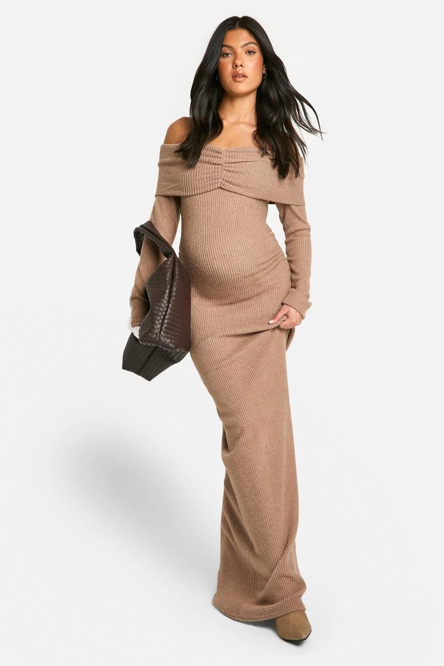 BOOHOO Maternity Soft Rib Off Shoulder Column Maxi Dress 1 BOOHOO Maternity Soft Rib Off Shoulder Column Maxi Dress