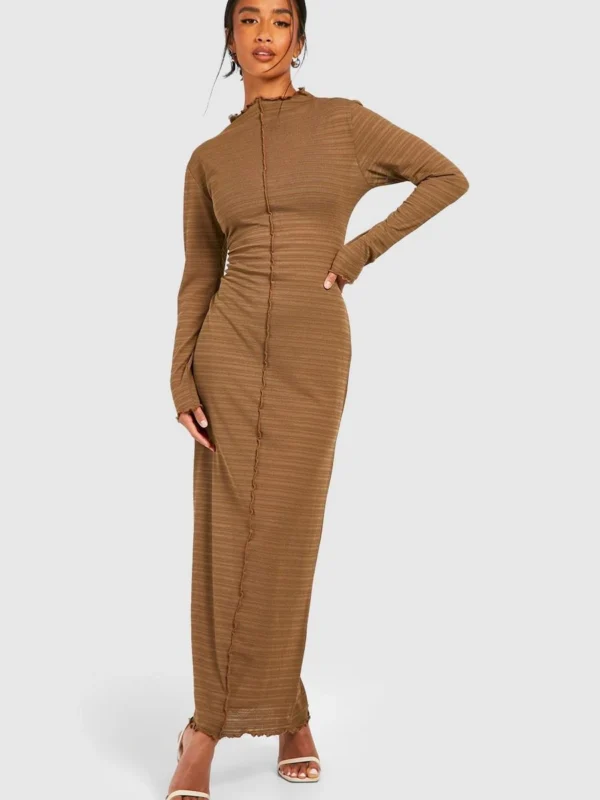 BamBam Fashion Shop -BamBam Fashion Shop female camel petite semi sheer seam detail maxi dress 2