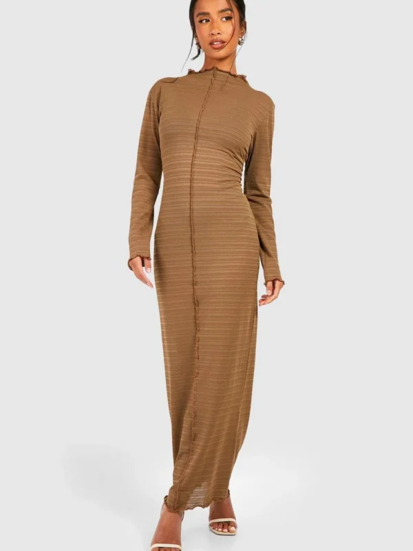 BamBam Fashion Shop -BamBam Fashion Shop female camel petite semi sheer seam detail maxi dress