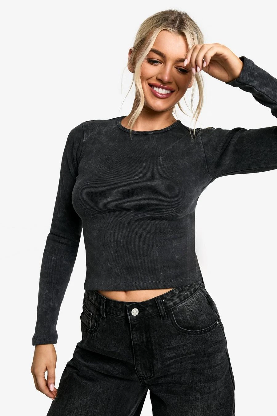 BOOHOO Acid Wash Back Cut Out Long Sleeve Top 1 BOOHOO Acid Wash Back Cut Out Long Sleeve Top