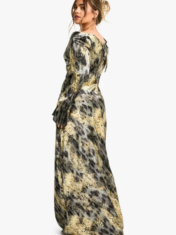 Outlet -BamBam Fashion Shop female charcoal petite drape shoulder abstract animal maxi dress 1