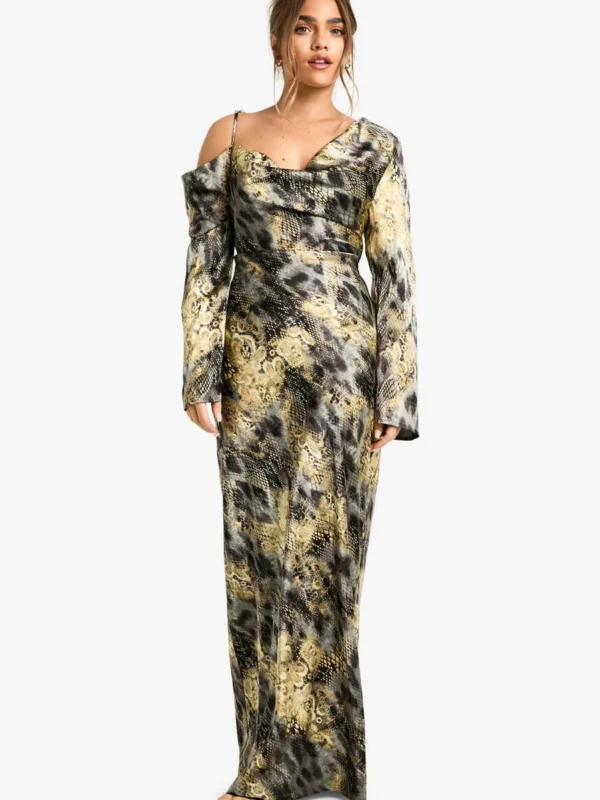 Outlet -BamBam Fashion Shop female charcoal petite drape shoulder abstract animal maxi dress 2