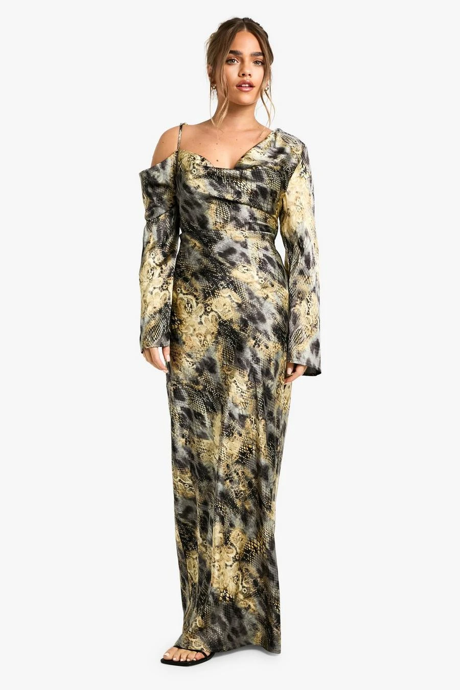 BOOHOO Petite Drape Shoulder Abstract Animal Maxi Dress 3 BOOHOO Petite Drape Shoulder Abstract Animal Maxi Dress - Image 3
