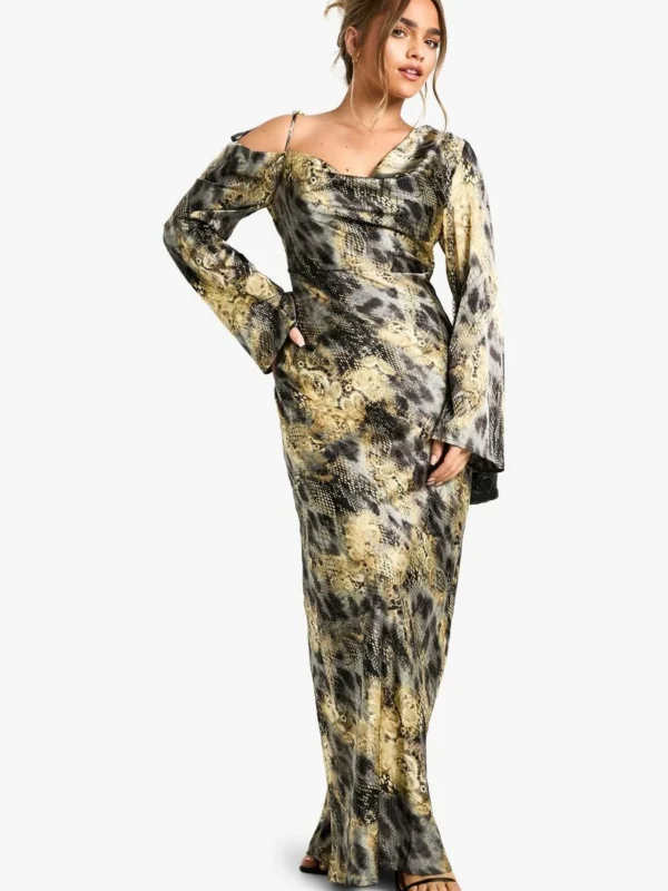 Outlet -BamBam Fashion Shop female charcoal petite drape shoulder abstract animal maxi dress