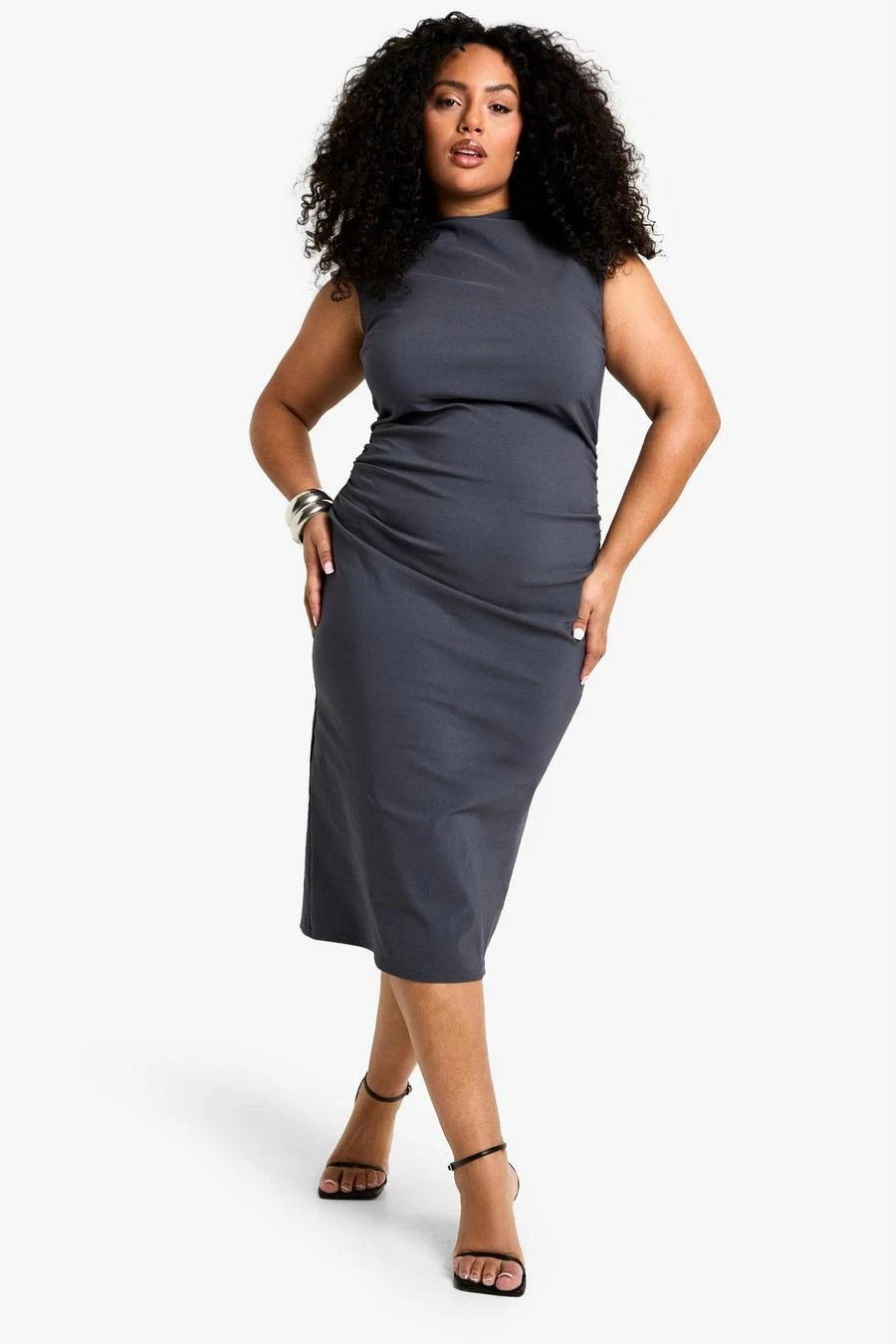 BOOHOO Plus Bengaline Rouched High Neck Midi Dress 3 BOOHOO Plus Bengaline Rouched High Neck Midi Dress - Image 3
