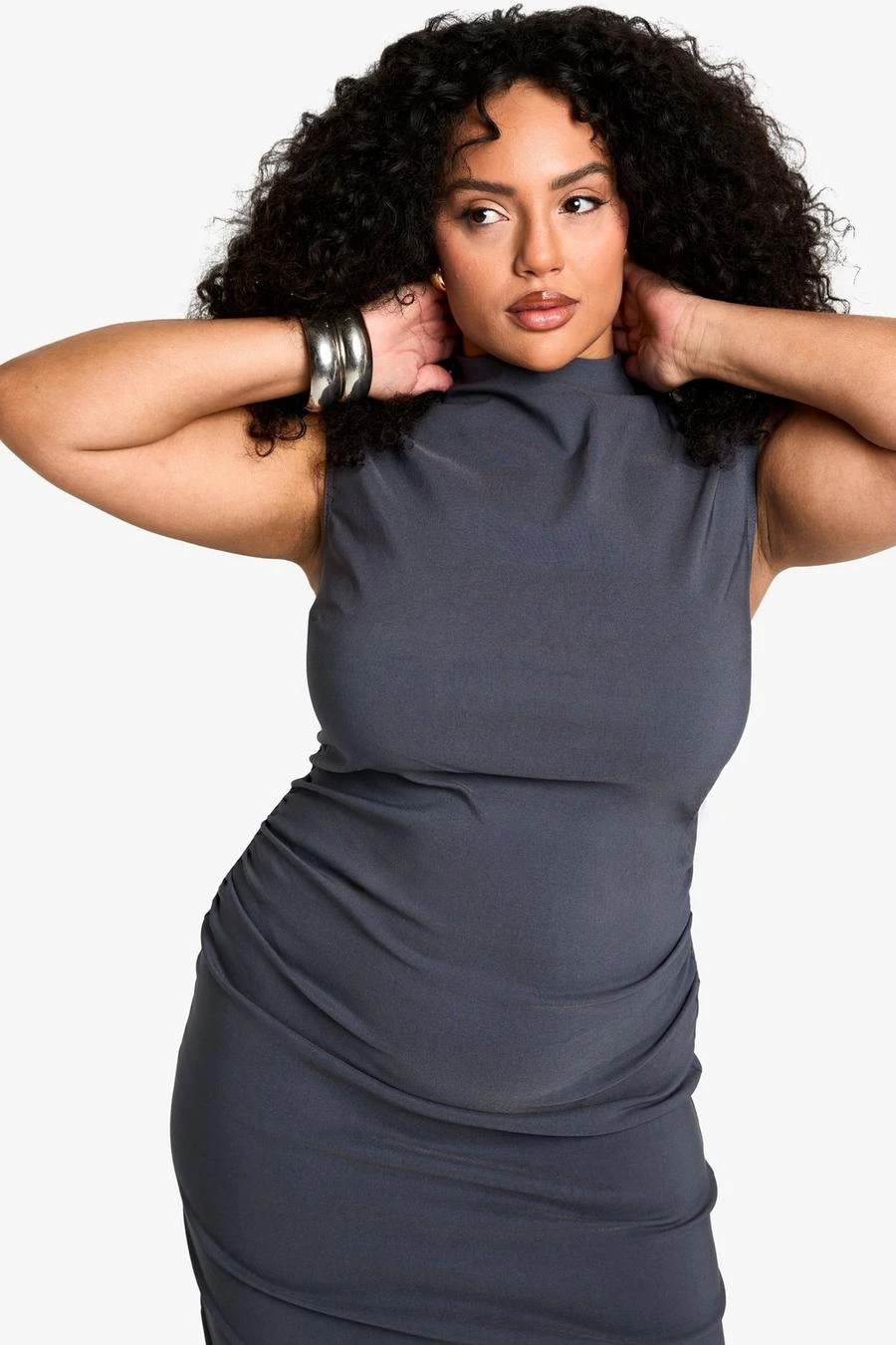 BOOHOO Plus Bengaline Rouched High Neck Midi Dress 4 BOOHOO Plus Bengaline Rouched High Neck Midi Dress - Image 4